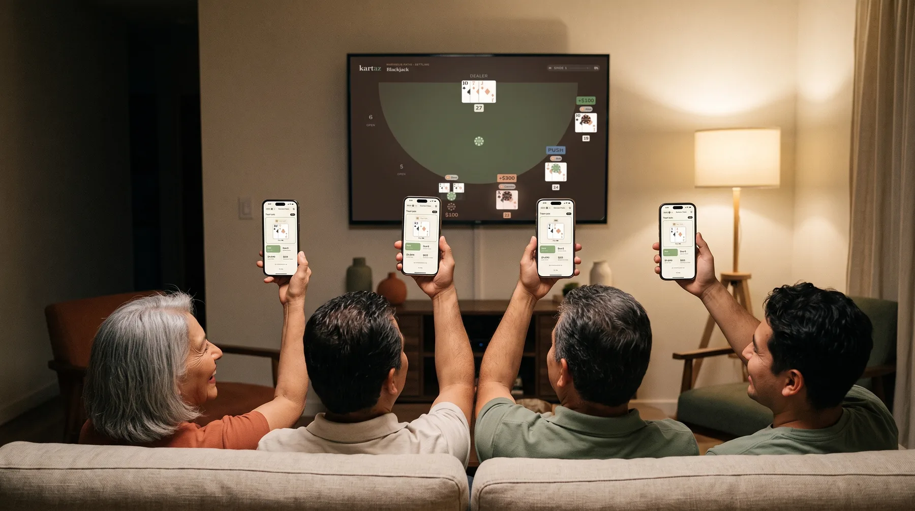 Four adults on a sofa seen from behind, each holding up their own iPhone showing their private Kartaz Blackjack hand, with the shared table on the TV in front of them